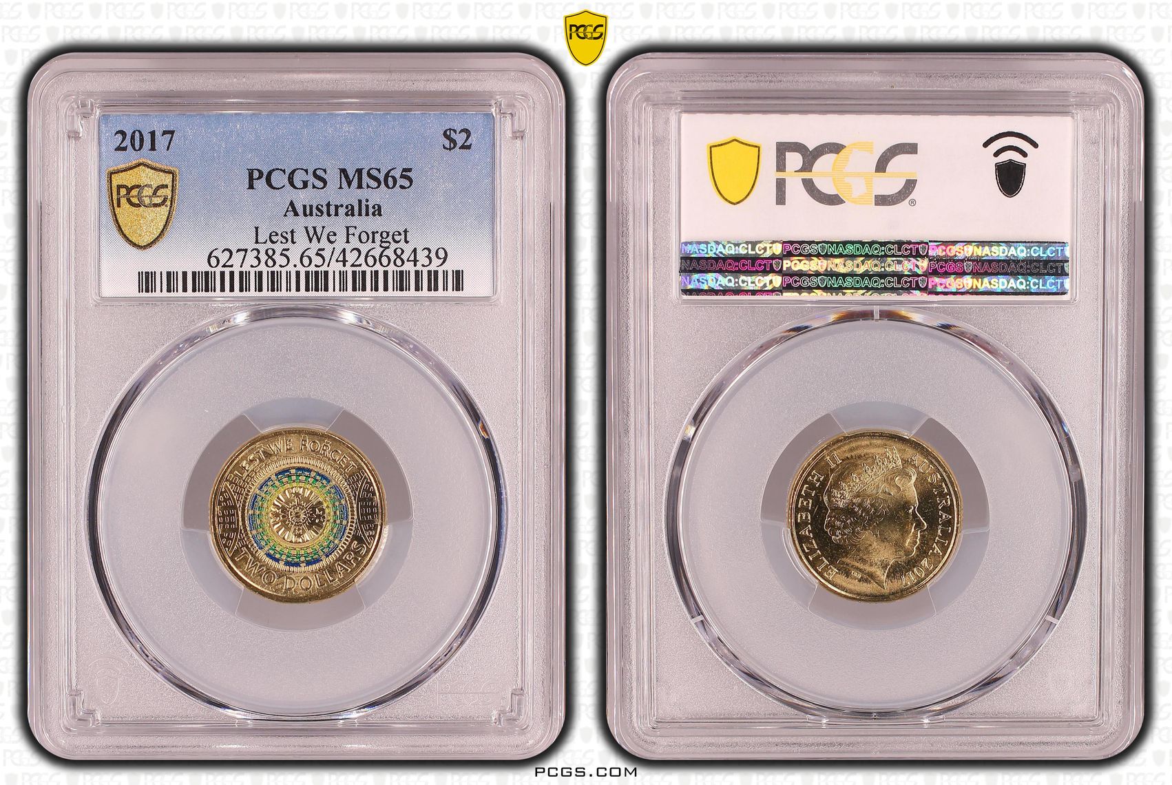 2017 $2 Coloured Lest We Forget - PCGS Graded Coin MS65